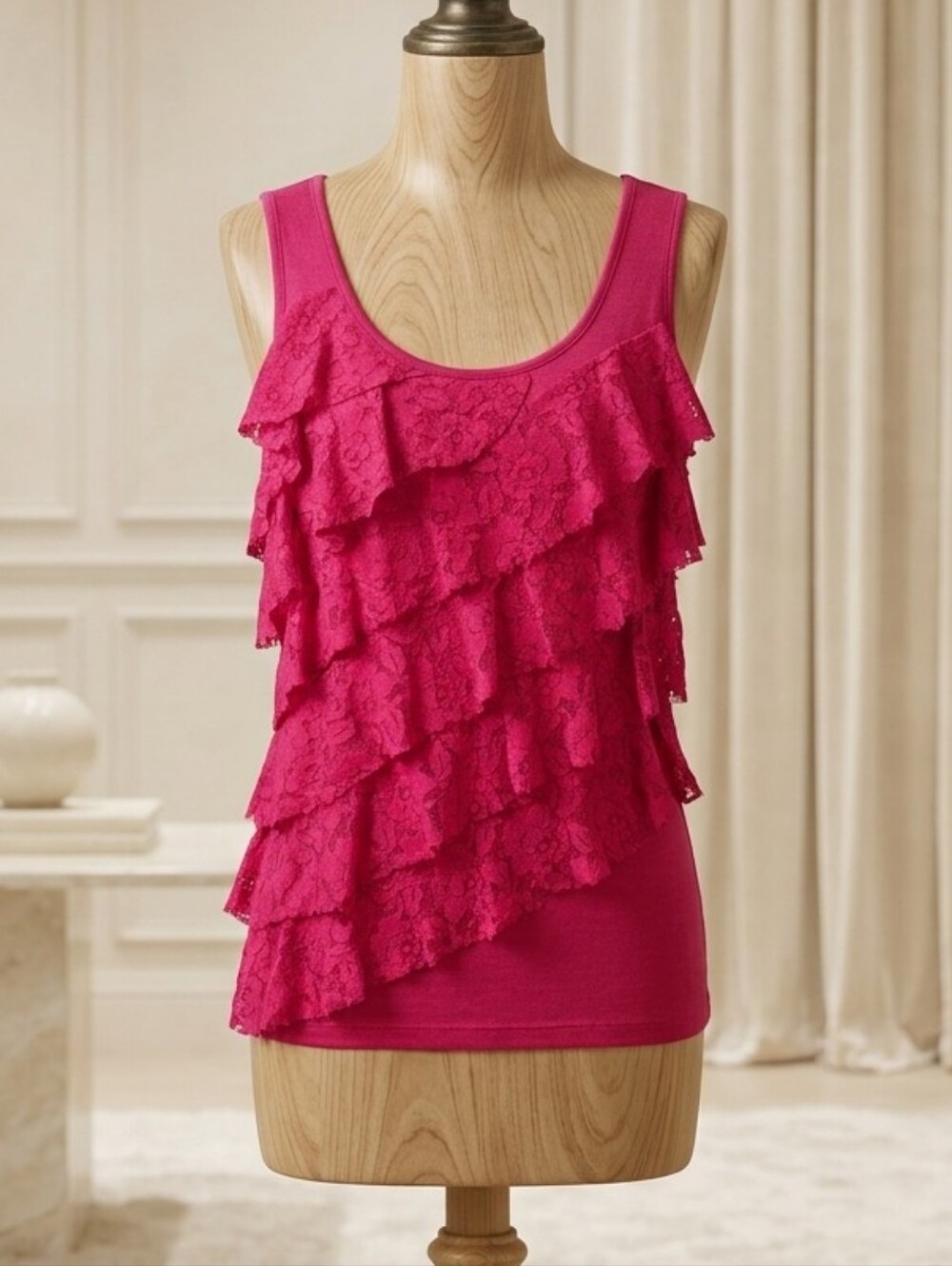 Cato Sz Med Hot Pink Sleeveless Top with Raw Edge Lace Detail